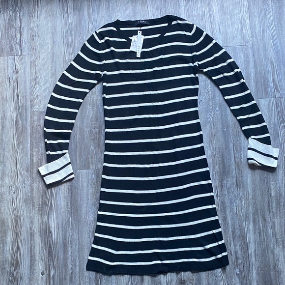 CAARA Black and Cream Striped Long Sleeve Dress Size M NWT - Picture 1 of 7